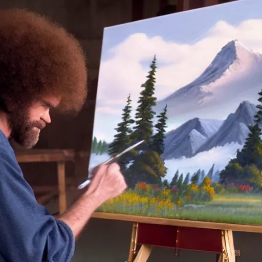 Image similar to a closeup photorealistic photograph of bob ross working on a canvas painting of superman. film still. brightly lit scene. mountains and trees. this 4 k hd image is trending on artstation, featured on behance, well - rendered, extra crisp, features intricate detail, epic composition and the style of unreal engine.