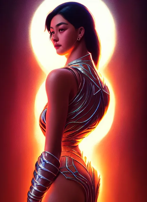 Image similar to portrait of darna liza soberano!, intricate, elegant, glowing lights, highly detailed, digital painting, artstation, glamor pose, concept art, smooth, sharp focus, illustration, art by wlop, mars ravelo and greg rutkowski