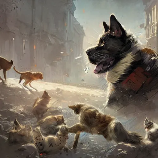 Image similar to a war between dogs and cats, digital art by greg rutkowski and artgerma