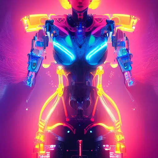 Image similar to a beautiful digital artwork of a neon glowing cyborg phenix with robotic mech parts by artgerm, tooth wu, dan mumford, beeple, wlop, rossdraws, james jean, marc simonetti. intricate, epic lighting, cinematic composition, hyper realistic, 8 k resolution, unreal engine 5