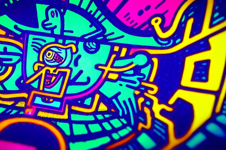 Image similar to someone taking a selfie smiling during the apocalypse, bright neon colors, intricate details, complementary colors, detailed face, backlighting, octane render, depth of field, extremely detailed, trending in artstation, focus on face, sharp focus, radiant light, beautiful composition, drawn by roy lichtenstein, keith haring, romero britto