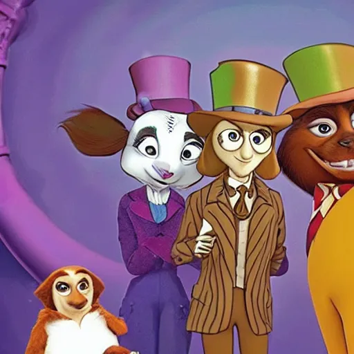 Image similar to willy wonka and the chocolate factory, animated in the style of zootopia