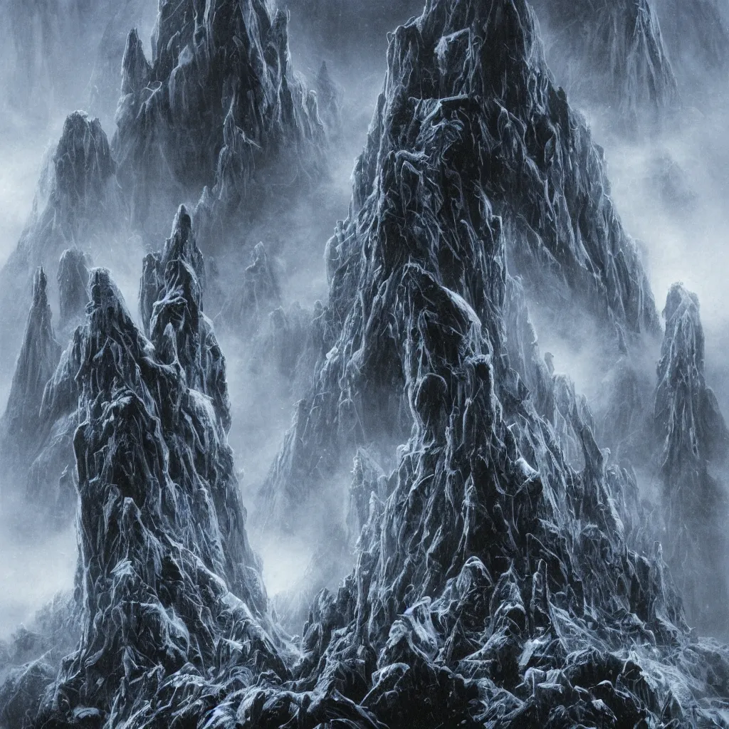 Image similar to haunted mountains of madness in antarctica surrounding an great monolithic city of insane alien towers and blasphemous megastructures, upward cinematic angle, by rodney matthews, michael kaluta, giger, p. craig russell and bill sienkiewicz, ghostly atmosphere, thick lush winter aesthetics, stunning composition, alien creature faces, monstrous animal gods, intricate, strange, elegant, digital art, hyperdetailed, colorful hyperrealism, brilliant photorealism, horror, masterpiece, 4k