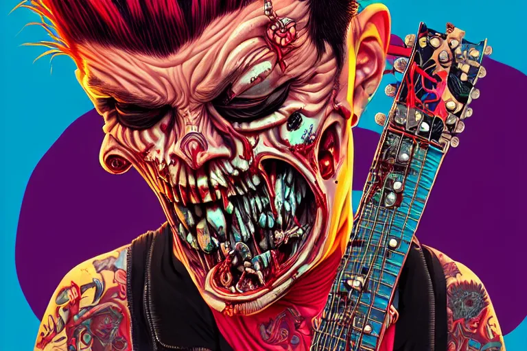 Image similar to zombie punk guitarist with a mohawk, tristan eaton, victo ngai, artgerm, rhads, ross draws, intricated details, 3 / 4 view, full body portrait