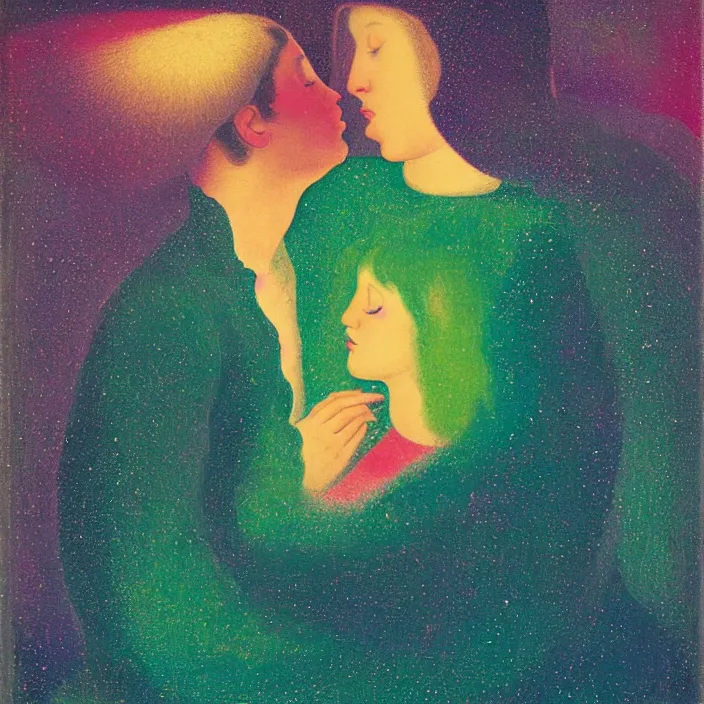 Image similar to close portrait of woman and man kissing. aurora borealis. iridescent, vivid psychedelic colors. painting by fra angelico, agnes pelton, utamaro, monet