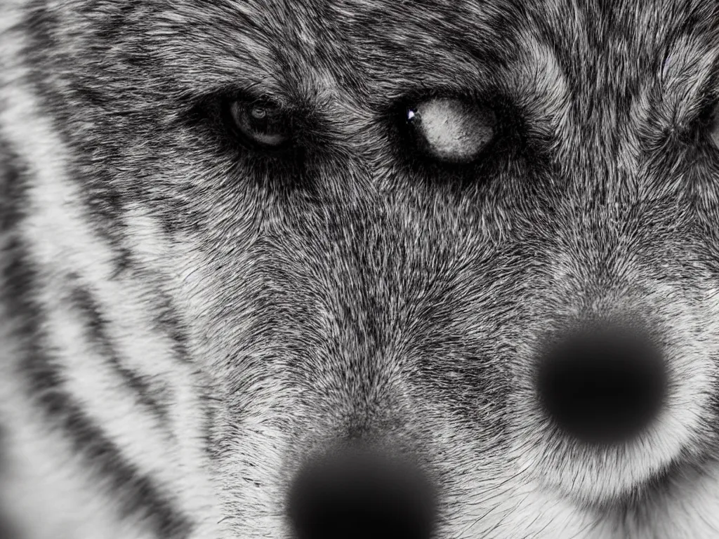 Prompt: ultra detailed photo, extreme close up of wolf face, telephoto lens