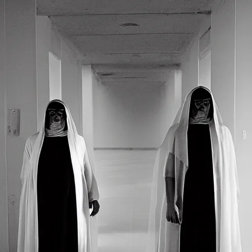 Prompt: nightmare vision, black and white, award winning photo, levitating twin nuns, wearing translucent sheet, Mary in a sanctuary, mirror hallways, eerie, frightening —width 1024 —height 1024