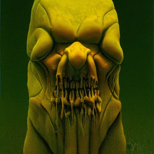 Image similar to Angry Swiss Cheese, dark fantasy, yellow and green, artstation, painted by Zdzisław Beksiński and Wayne Barlowe