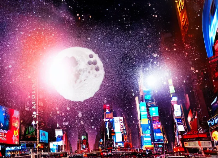 Image similar to film still of the moon shattering into pieces exploding moon over time square in the new disaster, 8 k, night time