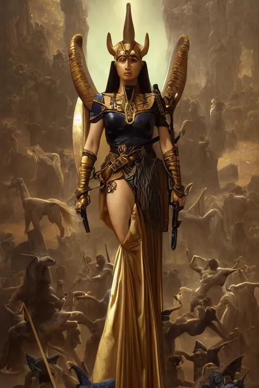 Image similar to Mystical Valkyrie, Portrait of a beautiful female Anubis warrior, Regal, Realistic, Refined, Detailed Digital Art, Oil Painting, William-Adolphe Bouguereau, Michael Cheval, Esao Andrews, Steampunk, Walt Disney (1937), Highly Detailed, Cinematic Lighting, Unreal Engine, 8k, HD