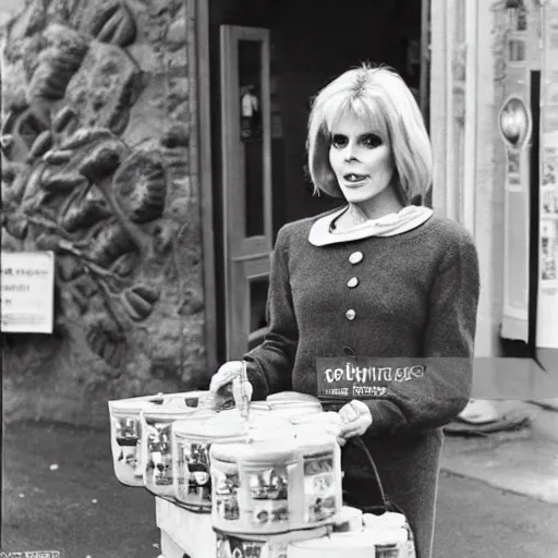 Prompt: a beautiful portait for joanna lumley selling eggs outside a co - operative store during world war 4, epic, beautiful, monumental, 4 k, mexican, victorian,