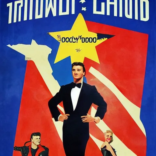 Image similar to vladimir putin stars in grease, hollywood movie poster, ussr propaganda poster realistic,