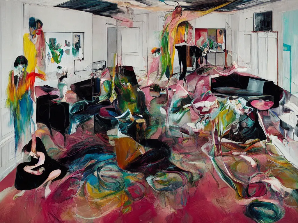 Image similar to One woman start to bounce in a living room of a house, floating dark energy surrounds the middle of the room. There is one living room plant to the side of the room, expressionist painting by francis bacon and martine johanna