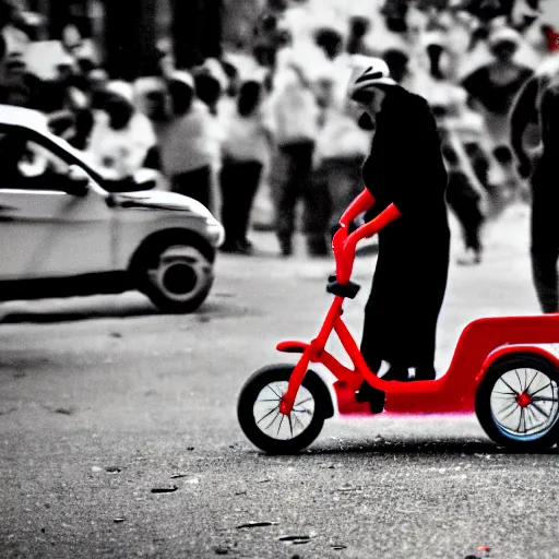 Image similar to queen elizabeth riding a tiny tricycle through a street riot, bokeh, high contrast, low angle