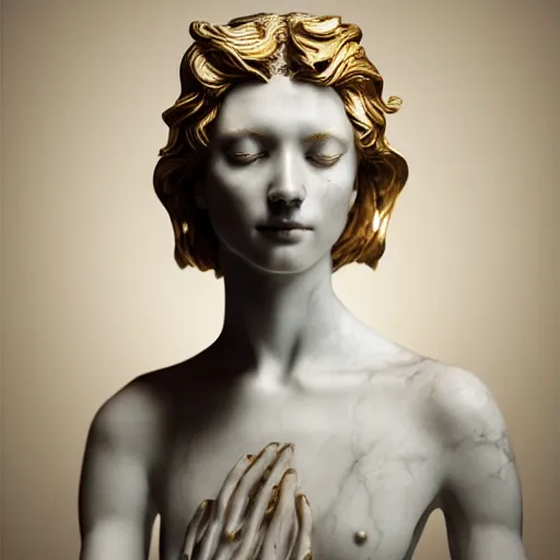 Image similar to a statue made of white marble with gold veins, of an beautiful gorgeous angel girl, full body shot, perfect symmetrical body, perfect symmetrical face, no eyes, hyper realistic, hyper detailed, fujicolor superia 1 6 0 0 photo, by johannen voss, by peter kemp, by monia merlo, by michelangelo octane render, blender, 8 k