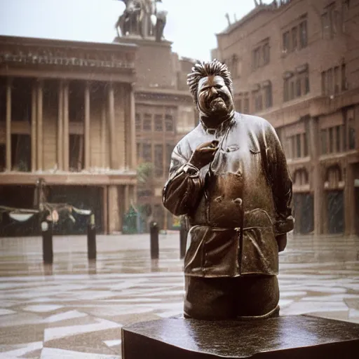 Prompt: A monumental bronze sculpture en plein-pied of Guy Fieri, in the middle of a rainy courtyard, natural overcast lighting, museum catalog photography, F 2.8, 85mm Velvia 100, high DOF