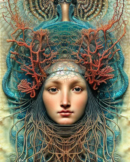 Image similar to hyperrealistic detailed underwater face portrait of the beautiful goddess of the jellyfish with an intricate headgear of corals, sea kelp, sea plants, fish, starfish, jellyfish, art by ernst haeckel, john william godward, android jones, alphonso mocha, gothic - cyberpunk, ornamental, beautiful deep colours,