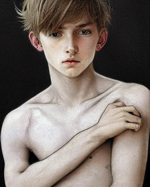 Image similar to portrait a 1 5 - year - old boy, with slender, white - blond hair, cold grey eyes, a pale complexion with sharp and pointed features, wearing black clothes, hyper realistic face, beautiful eyes, close up, fantasy art, in the style of greg rutkowski, intricate, alphonse mucha, hyper detailed, smooth