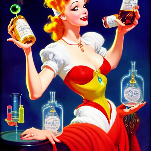 Prompt: disney key visual of an attractive sorceress holding two flasksfull of glowing liquid, mad scientist's lab background, by gil elvgren and stanley lau