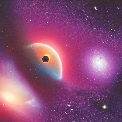 Prompt: a vibrant picture of a purple galaxy with planets with rings