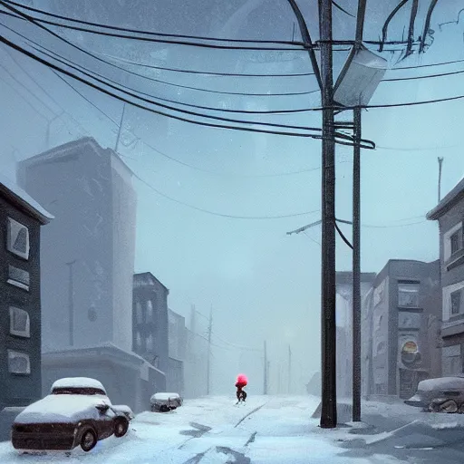 Image similar to a snow covered street with buildings and power lines, concept art by Simon Stålenhag, cgsociety, plein air, concept art, artstation hq, matte drawing