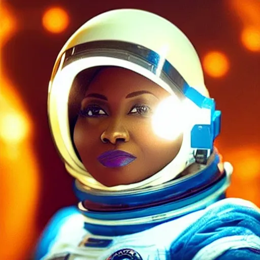 Image similar to “dark skinned astronaut wearing translucent helmet waving at the international space station nigerian woman facial features”