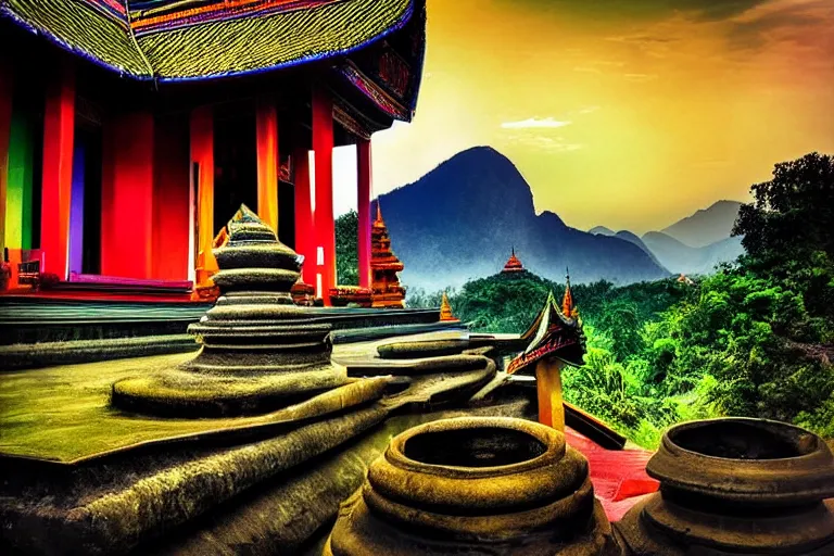 Image similar to summer morning, thai temple, rolling mountain, very coherent and colorful high contrast, art, dark shadows, hard lighting