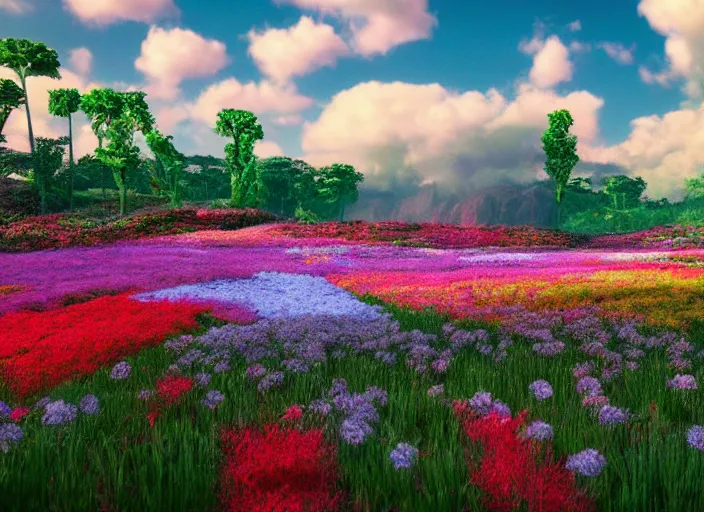 Image similar to flowerfield on a luminescent crystal biome that looks like a movie shot by pixar, ultra detailed, fantasy, hyper realism, art, smooth, beautiful art, masterpiece, landscape, cinematic, wet reflections, ray tracing x, rtx, smooth