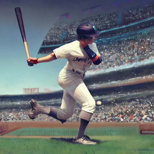 Image similar to baseball player hitting the ball with the baseball bat in the middle of the game and in front of everyone in the stadium, james gurney painting style, greg rutkowski, artstation, octane render, unreal engine 5