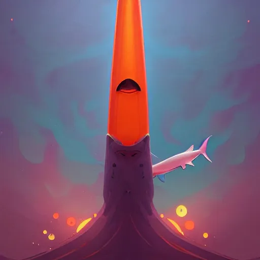 Prompt: orange traffic cone with shark teeth, ocean background detailed atmospheric - ron cheng & alphonse mucha, highly detailed, digital painting, ray tracing, concept art, illustration, smooth sharp focus, intricate, symmetry, artstation,
