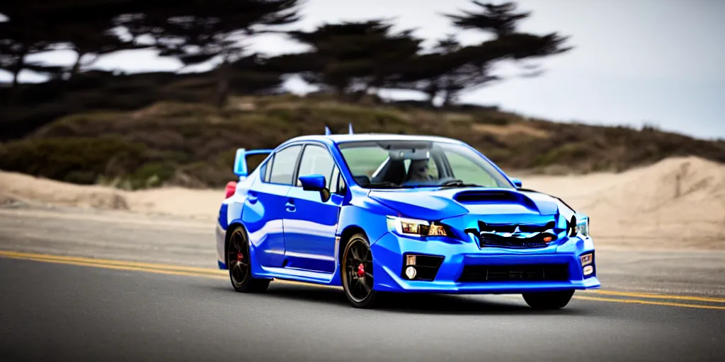 Image similar to photograph, 2014 Subaru WRX STi, cinematic, PCH, california coast, 8k, depth of field, bokeh.