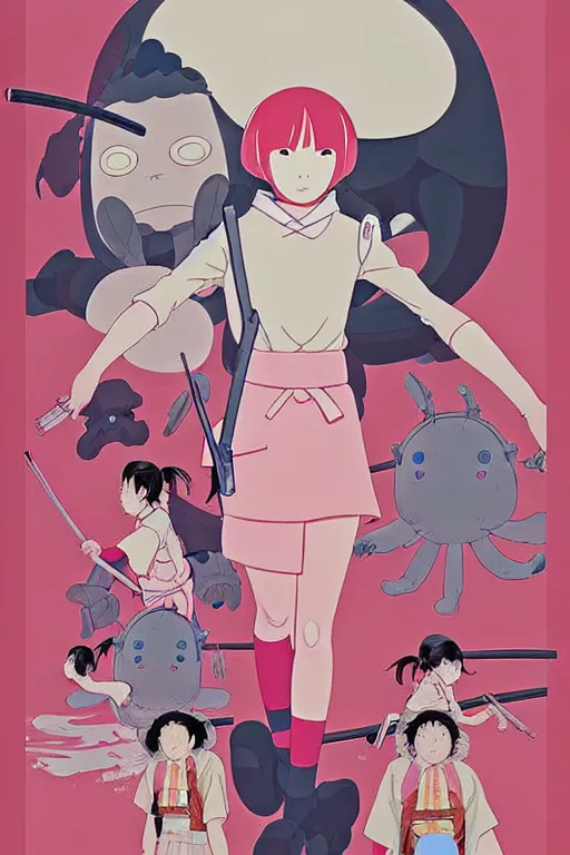 Image similar to Artwork by James Jean, Phil noto and studio ghibli ; (1) a young Japanese future samurai police lady named Yoshimi battles an (1) enormous evil natured carnivorous pink robot on the streets of Tokyo; Japanese shops and neon signage; crowds of people running; Art work by Phil noto and James Jean