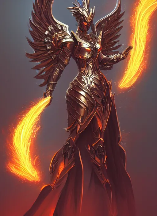 Image similar to a highly detailed illustration of sleek armored angel knight, dramatic imposing flaming aura pose, intricate, elegant, highly detailed, centered, digital painting, artstation, concept art, smooth, sharp focus, league of legends concept art, wlop.