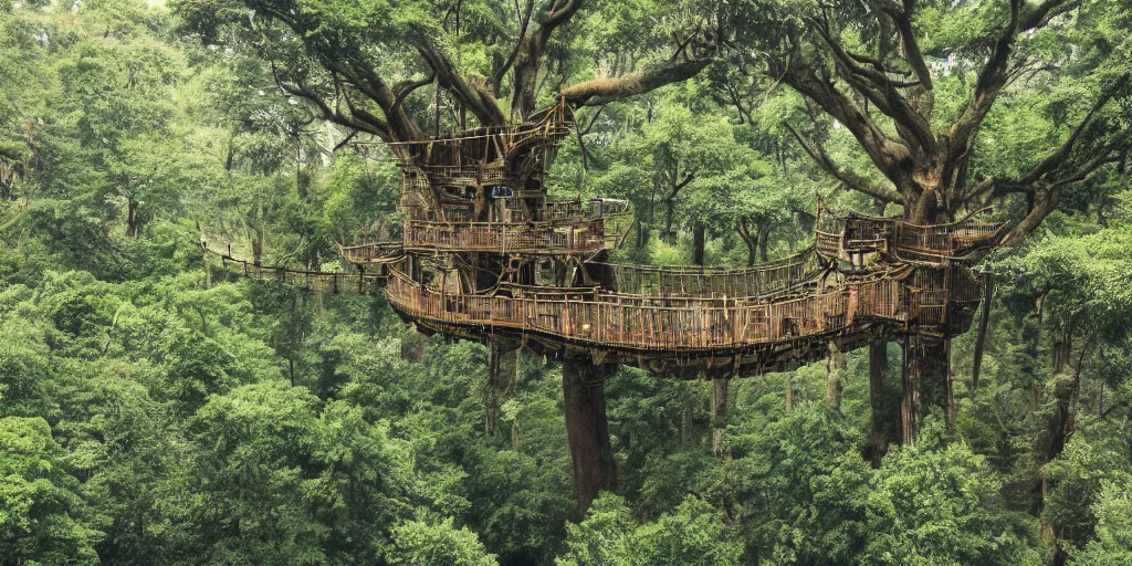 Image similar to a vast treehouse city built in an ancient forest, rope bridges, 8 k, shallow depth of field, intricate detail,