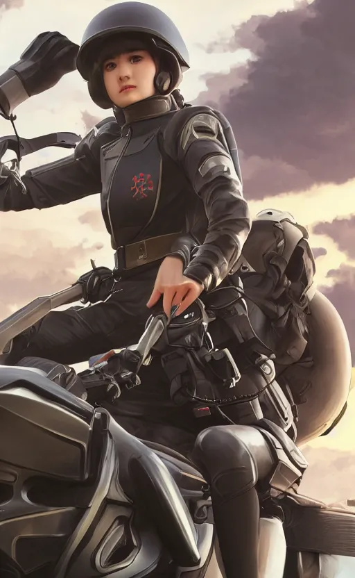 Prompt: panoramic view, a girl riding a motorbike, futuristic, soldier clothing, battlefield in background, anime style, hair down, symmetrical facial features, realistic hands, from arknights, hyper realistic, 4 k, extreme detail, trending artstation, safebooru, realistic lighting, by alphonse mucha, greg rutkowski, sharp focus