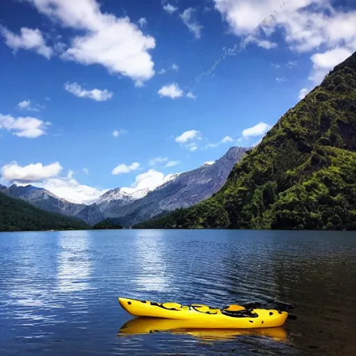 Image similar to a beautiful image of a breathtaking lake with amazing mountains in the background, there is a kayak in the foreground on the beach, landscape