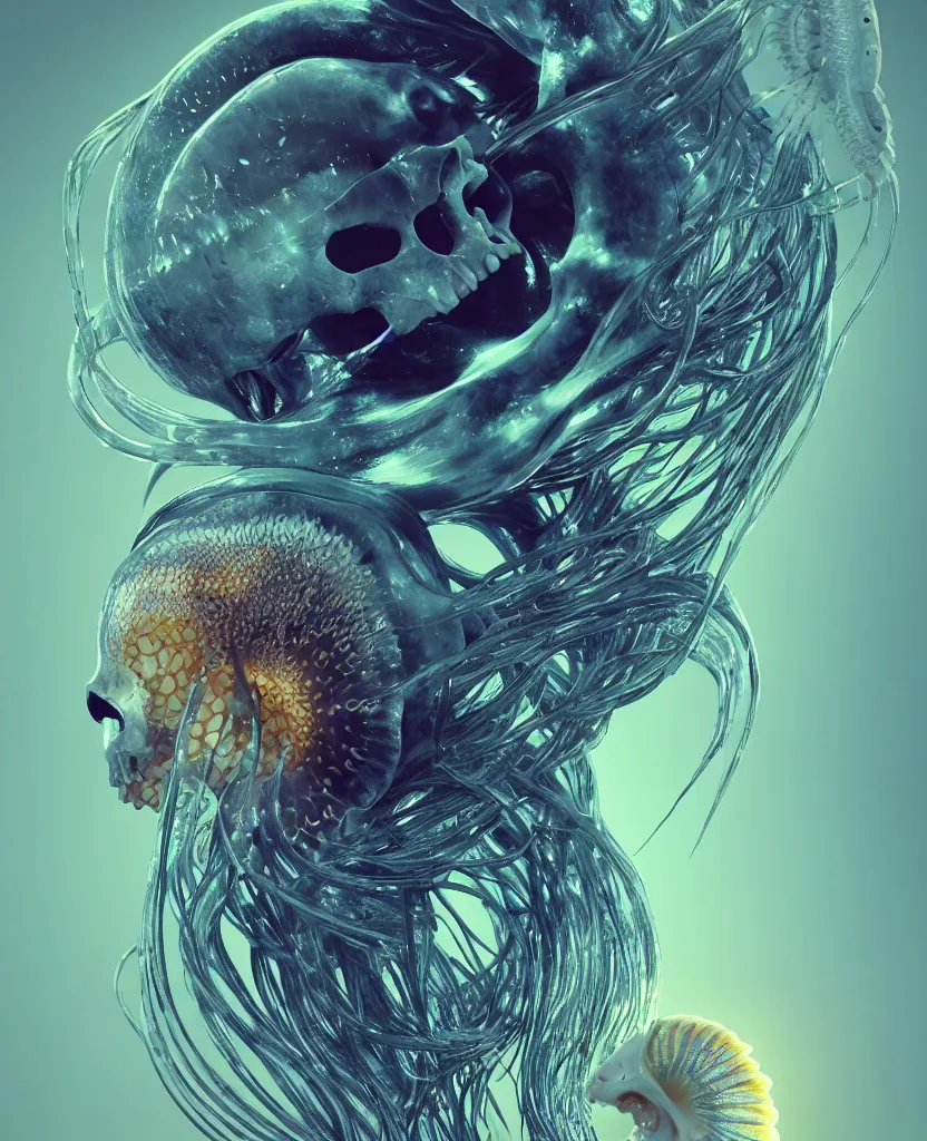 Image similar to goddess close-up portrait animal skull. jellyfish phoenix head, nautilus, orchid, skull, betta fish, bioluminiscent creatures, intricate artwork by Tooth Wu and wlop and beeple. octane render, trending on artstation, greg rutkowski very coherent symmetrical artwork. cinematic, hyper realism, high detail, octane render, 8k