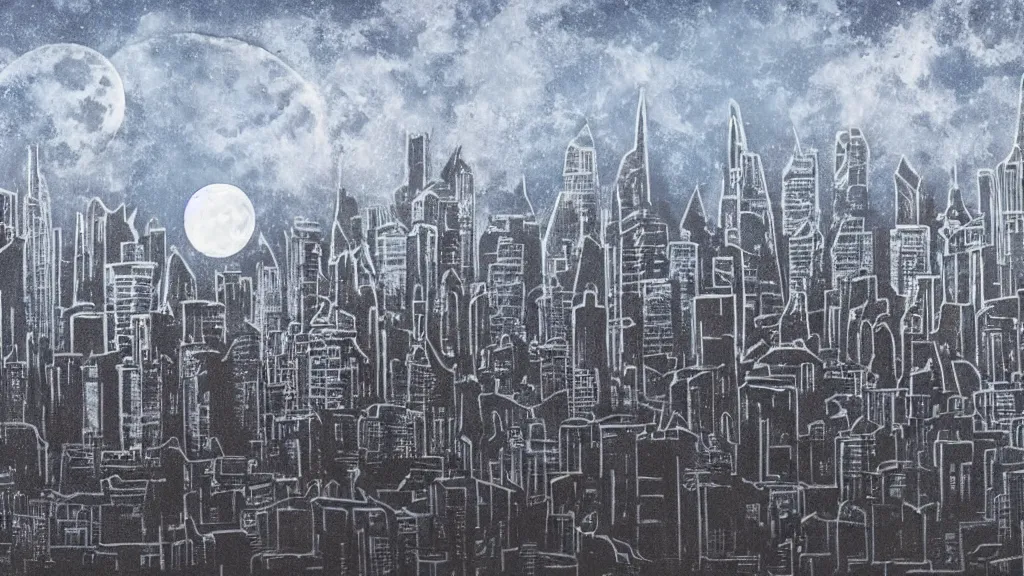 Prompt: a city on the background of a big moon in a Spray paint style