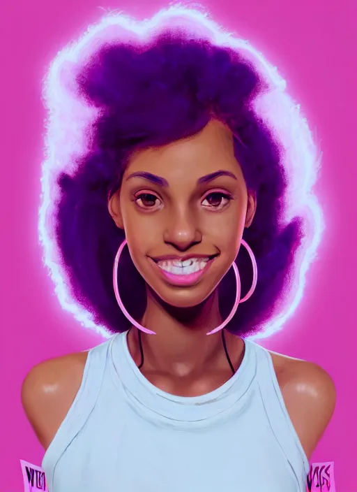 Image similar to portrait of vanessa morgan, black teenage girl, pink hair, wavy pixie haircut, purple newsboy cap, hoop earrings, subtle confident smile, intricate, elegant, glowing lights, highly detailed, digital painting, artstation, concept art, sharp focus, illustration, art by wlop, mars ravelo and greg rutkowski