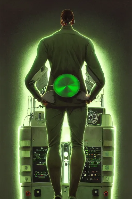 Prompt: full body shot green radio head man back view synth wave, blank lighting ultra realistic photorealistic highly detailed high quality, a stunningly, digital painting, artstation, concept art, smooth, sharp focus, illustration, art by artgerm and greg rutkowski and alphonse mucha 8 k