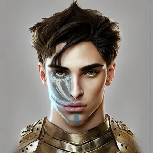 Prompt: a portrait of an attractive young man, clothed in battle armor, olive skin, long dark hair, beautiful bone structure, symmetrical facial features, intricate, elegant, highly detailed, digital painting, trending on Artstation, concept art, smooth, sharp focus, illustration, in the style of artgerm and greg rutkowski and alphonse mucha