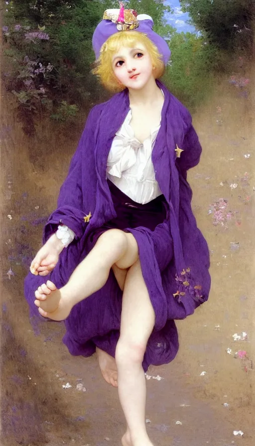 Image similar to A full body image of a cute magical girl with short blond hair wearing an oversized purple Beret, Baggy Purple overall shorts, Short Puffy pants made of silk, pointy jester shoes, a big billowy scarf, Golden Ribbon, and white leggings Covered in stars. Short Hair. Sunlit. Haute Couture. Art by william-adolphe bouguereau and Paul Delaroche and Alexandre Cabanel and Lawrence Alma-Tadema and Johannes Helgeson and WLOP. Smooth. Elegant. Highly Detailed. Intricate. Surrounded by clouds. 4K. UHD. Denoise.