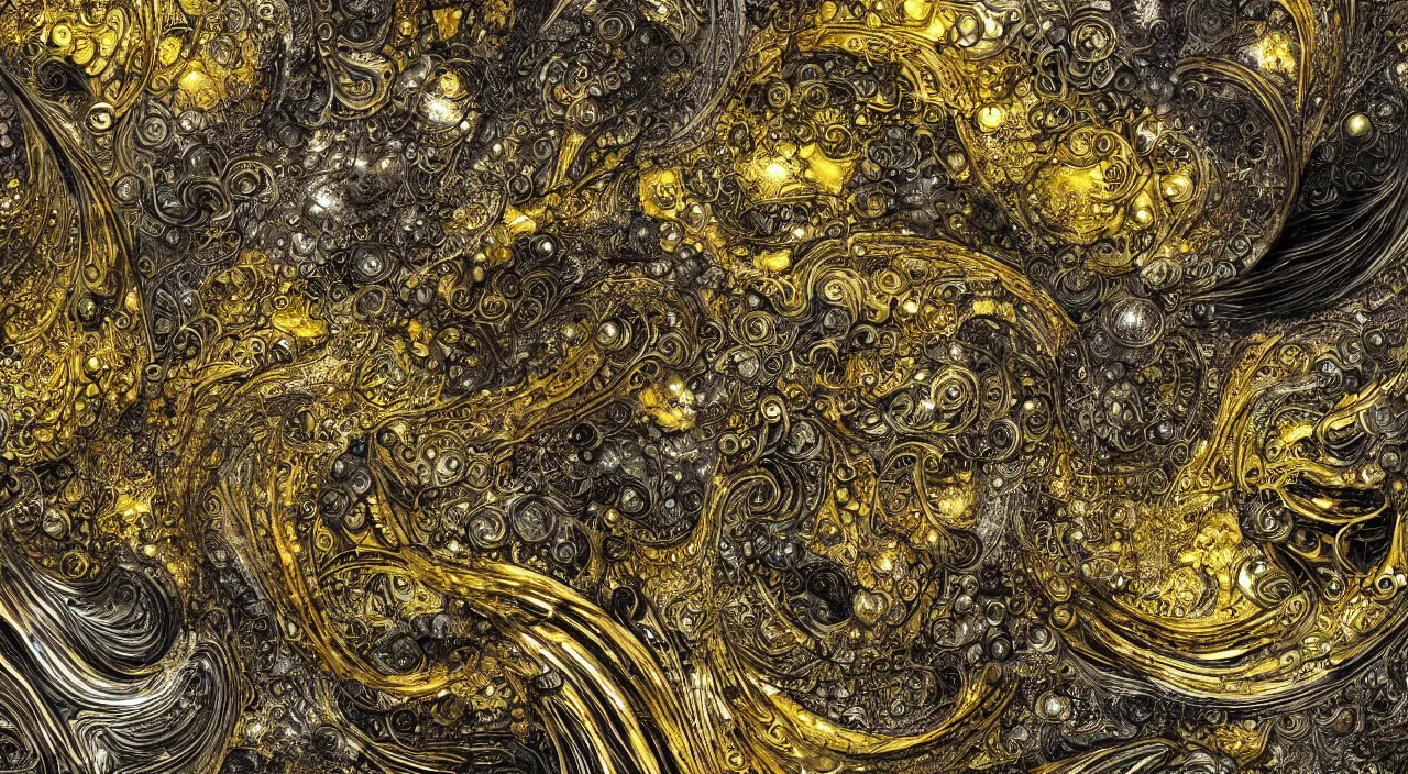 Image similar to black and gold, Yoshitaka Amano, junji ito, smooth liquid metal with detailed line work, Mandelbulb fractal, Exquisite detail perfect symmetrical, silver details, hyper detailed, golden ratio, city night, steampunk, smoke, neon lights, starry sky, steampunk city background, liquid polished metal, by albert kiefer