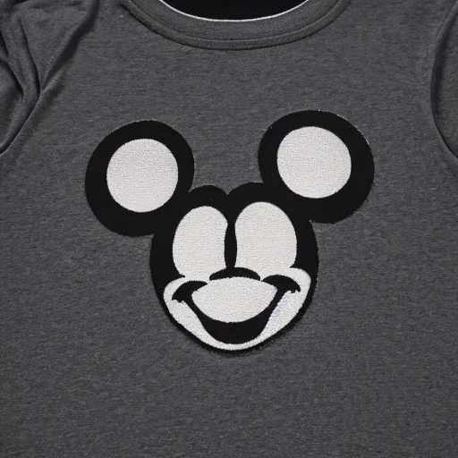 Prompt: a mickey mouse t - shirt, but the outline of mickey mouse is drawing in sweat. crusty old black t - shirt, 8 k studio photo.