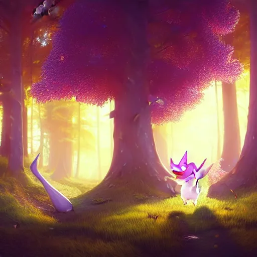 Prompt: beautiful digital fantasy illustration of a hyperrealistic pokemon evolving into a demon, cute smiling attractive pokemon, the trees of a flowery woodlands glistens as the morning sun touches its leaves with her gentle rays. pokemon of various shapes, sizes, and colors walk through the forest by alena aenami and arthur adams, octane render, detail texture, unreal engine, 8 k