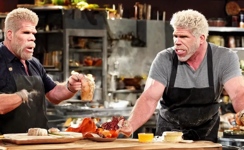 Prompt: Ron Perlman on the food network tv show cooking a maine coon cat