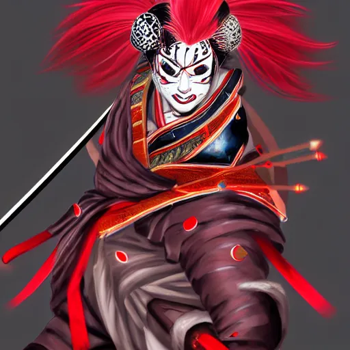 Image similar to an insane kabuki warrior wielding a spear while emitting a visible aura of madness, intricate hakama, red wig, crossed eyes, hazy atmosphere, high energy, trending on artstation, detailed concept art,