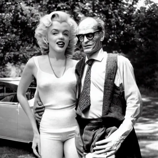 Prompt: “Marilyn Monroe and her husband Arthur Miller photographed at their home in Amagansett, very realistic photograph”