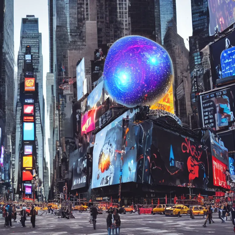 Prompt: a miniature black hole sculpture. there are neon lights next to it. the sculpture is on the streets of times square. 8 k, ray tracing, 3 d render, volumetric lighting, hdr, high quality, colorful, unreal engine