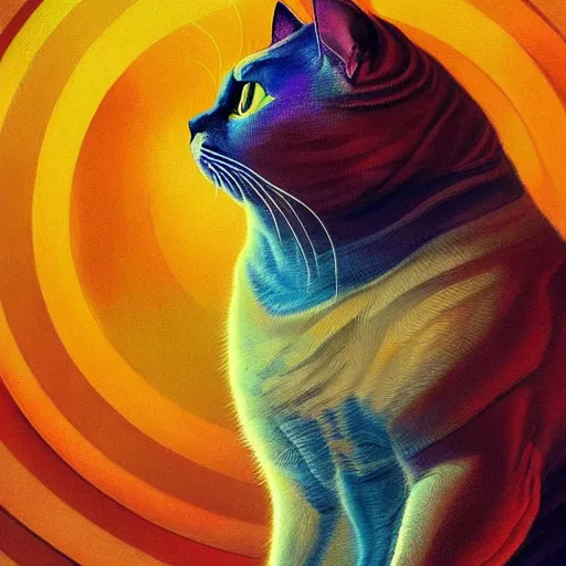 Prompt: a dramatic body portrait of an obese cat with rainbows and space behind it, cinematic lighting, symmetric face by karol bak, christopher balaskas